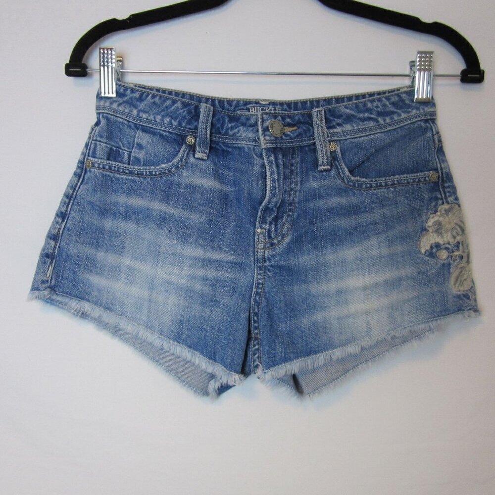 Buckle Black Cutoff Blue Jean Shorts Distressed Floral Embroidered Womens 25